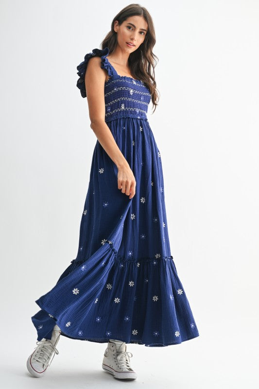 Kendra Floral Emb Maxi Dress - Royal Blue
