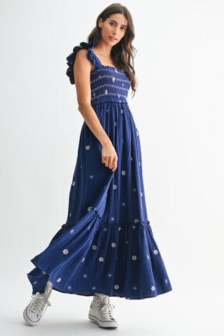 Kendra Floral Emb Maxi Dress - Royal Blue