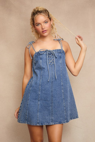 Kendra Lace Up Denim Mini - Denim