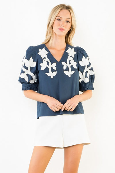 Kerri Emb Puff Sleeve Top - Navy