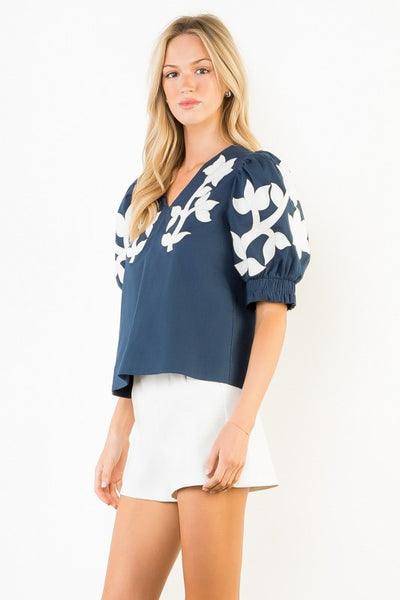 Kerri Emb Puff Sleeve Top - Navy