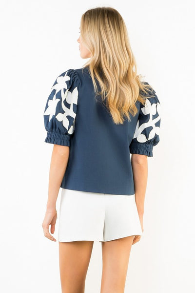 Kerri Emb Puff Sleeve Top - Navy