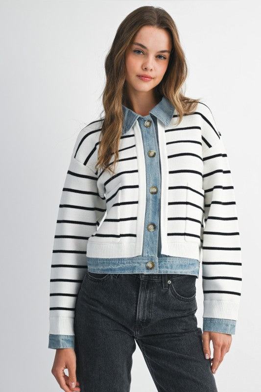 Knit Denim Combo Stripe Cardi - Cream