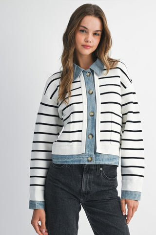 Knit Denim Combo Stripe Cardi - Cream
