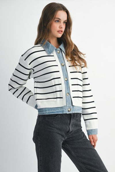 Knit Denim Combo Stripe Cardi - Cream