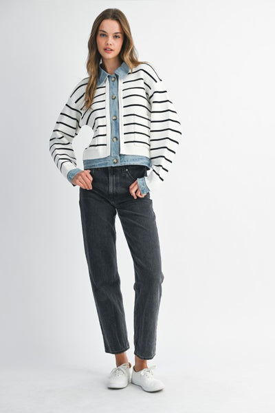 Knit Denim Combo Stripe Cardi - Cream