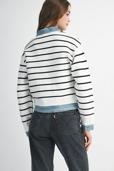 Knit Denim Combo Stripe Cardi - Cream
