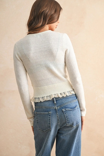 Lace Contrast Knit Cardigan - Cream