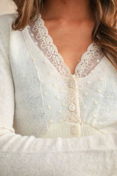 Lace Contrasted Knit Cardi - Cream