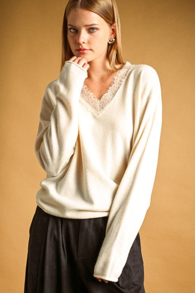 Lace Contrasted Knit Top - Cream