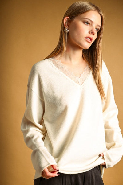 Lace Contrasted Knit Top - Cream