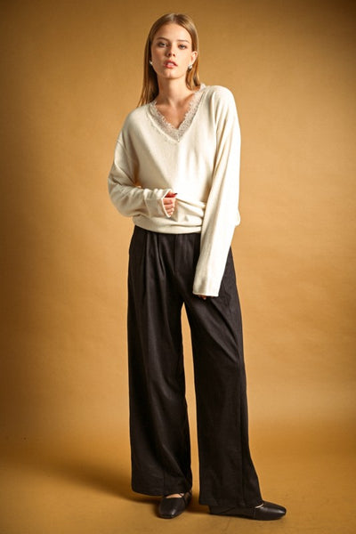 Lace Contrasted Knit Top - Cream