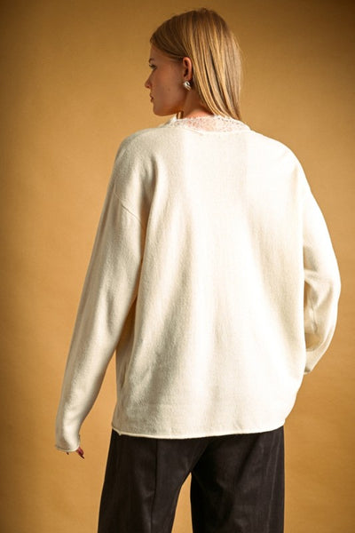 Lace Contrasted Knit Top - Cream