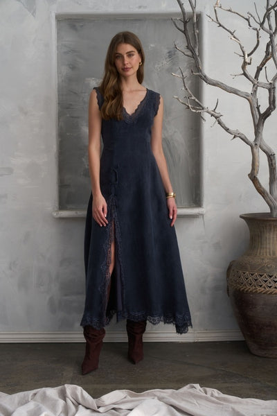 Lace Insert V-Neck Midi - Blue