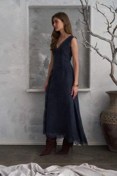 Lace Insert V-Neck Midi - Blue