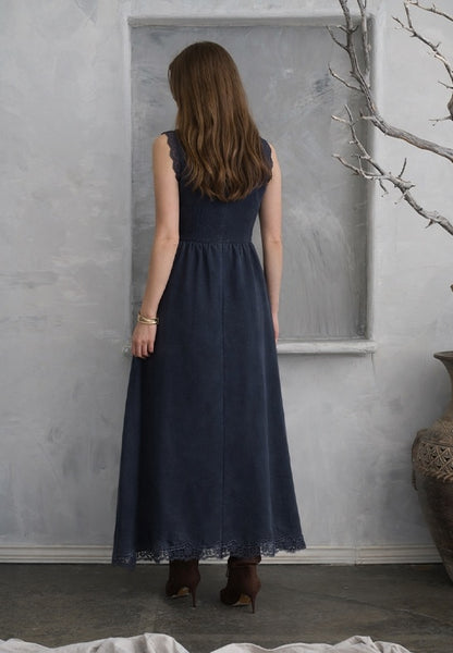 Lace Insert V-Neck Midi - Blue
