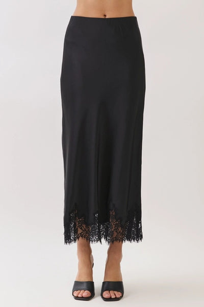 Lace Trim Satin Maxi Skirt - Black