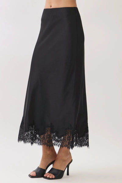Lace Trim Satin Maxi Skirt - Black