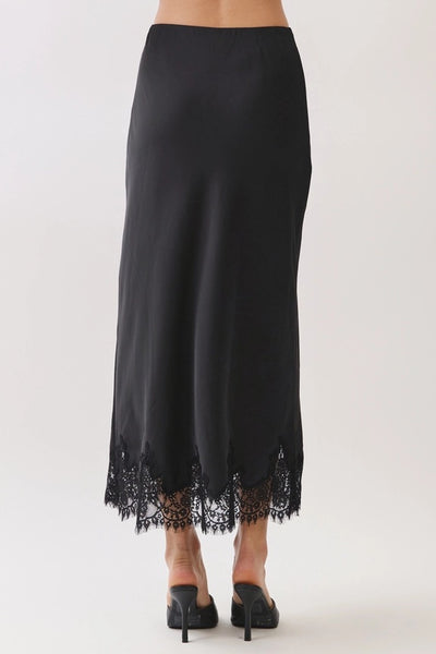 Lace Trim Satin Maxi Skirt - Black