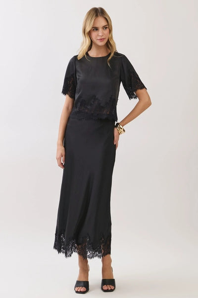 Lace Trim Satin Maxi Skirt - Black