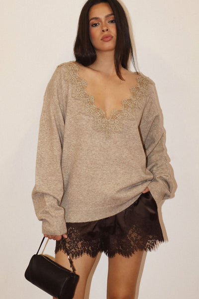 Lace Trim Satin Shorts - Brown