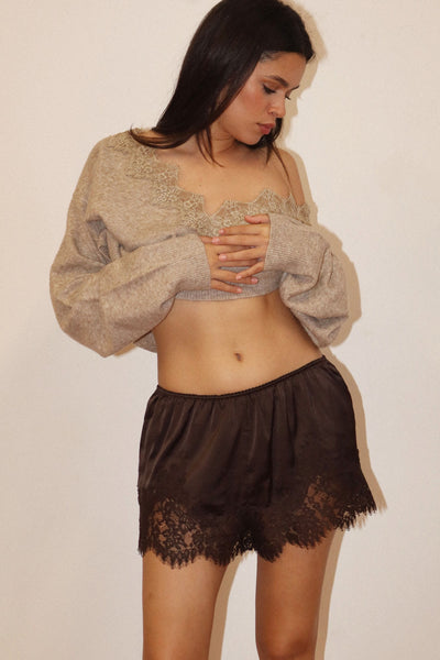 Lace Trim Satin Shorts - Brown