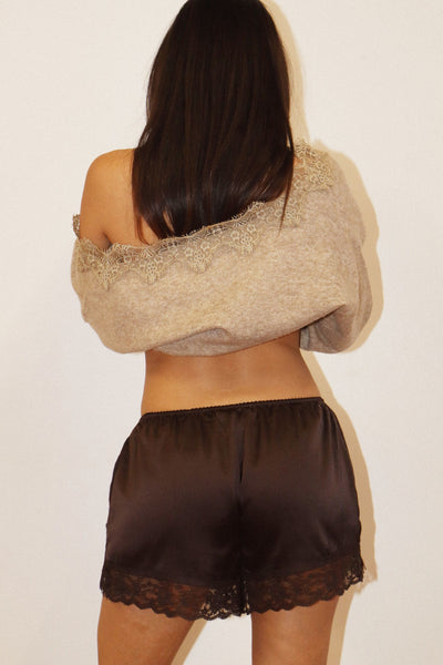 Lace Trim Satin Shorts - Brown