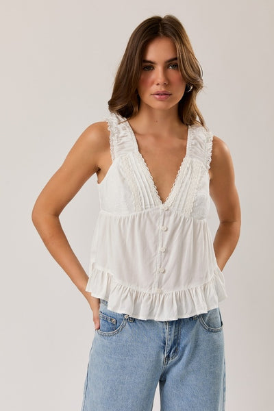 Lace Trim V-Neck Top - White