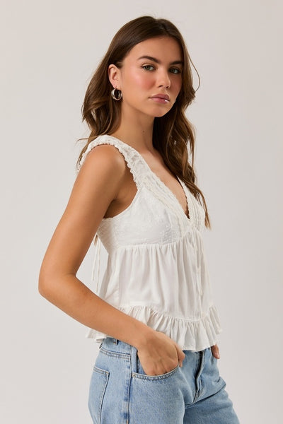 Lace Trim V-Neck Top - White