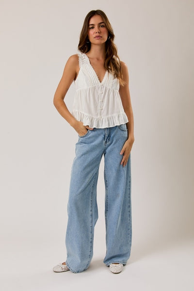 Lace Trim V-Neck Top - White