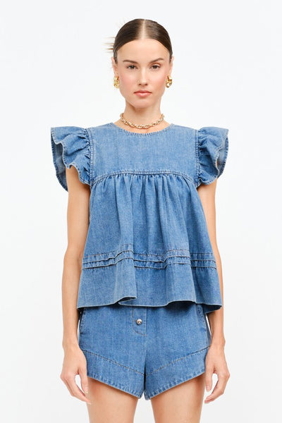 Leah Flutter Sleeve Top - Denim