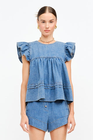 Leah Flutter Sleeve Top - Denim