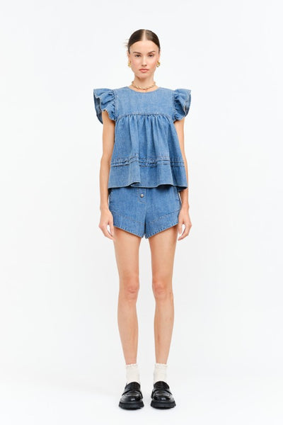 Leah Flutter Sleeve Top - Denim