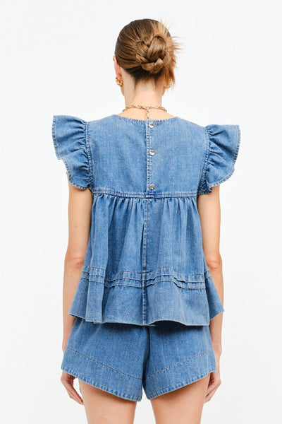 Leah Flutter Sleeve Top - Denim