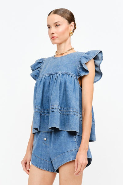 Leah Flutter Sleeve Top - Denim