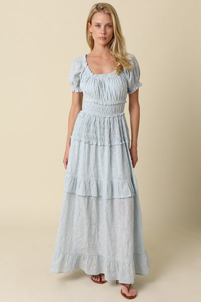 Leia Tiered Puff Slv Maxi - Blue