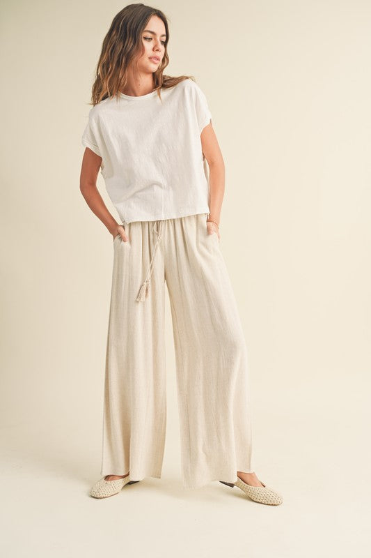 Linen Smocked Waist Pants - Oatmeal