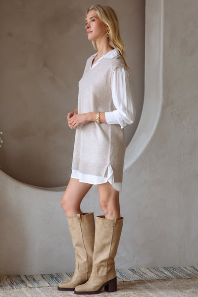Lizza Mixed Media Shirt Dress - Beige