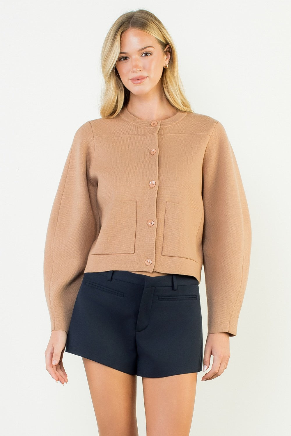 Long Sleeve Cropped Cardigan - Brown
