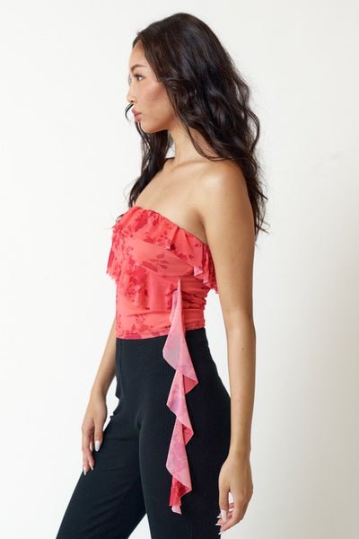 Lora Floral Ruffle Tube Top - Coral
