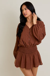 Ls Smocked Waist Mini Romper - Brown