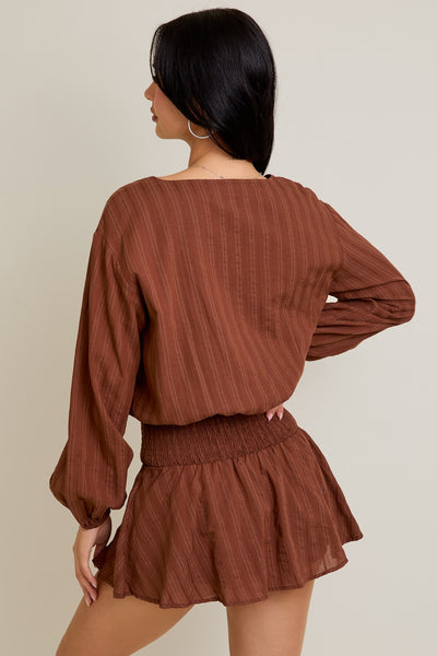 Ls Smocked Waist Mini Romper - Brown