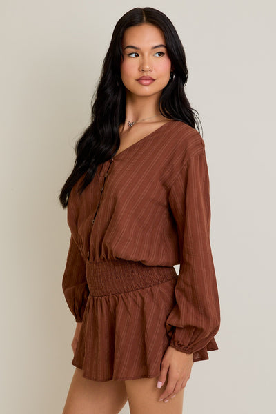 Ls Smocked Waist Mini Romper - Brown