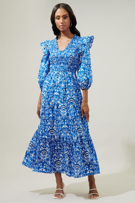 Lulu Floral Smocked Maxi Dress - Blue