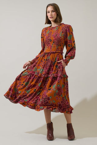 Marvin Smocked Midi Dress - Rust