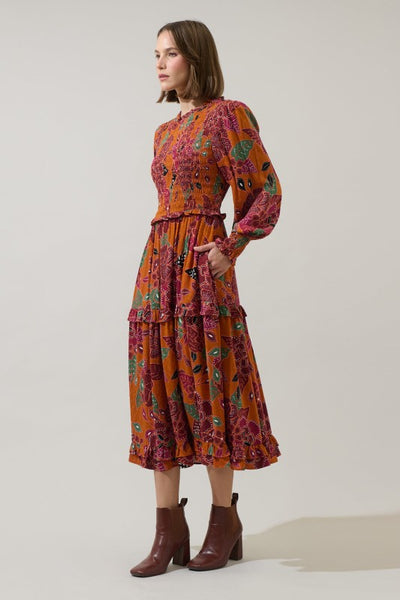 Marvin Smocked Midi Dress - Rust