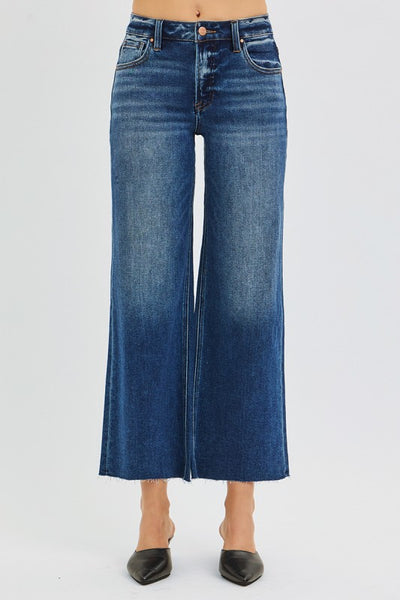 Mid Rise Crop Wide Raw Cut Hem - Dark Denim