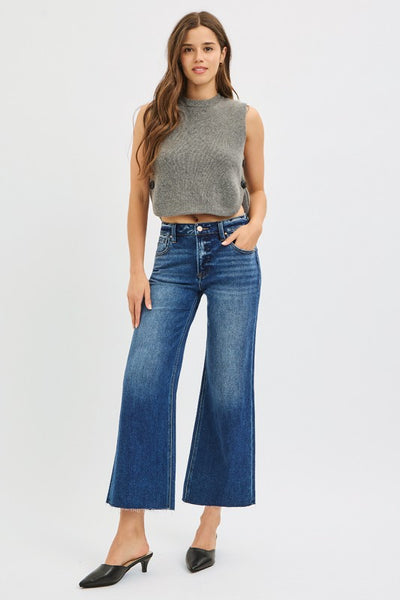 Mid Rise Crop Wide Raw Cut Hem - Dark Denim