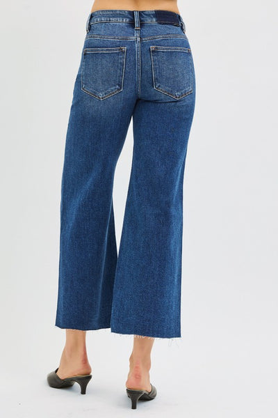 Mid Rise Crop Wide Raw Cut Hem - Dark Denim