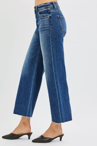 Mid Rise Crop Wide Raw Cut Hem - Dark Denim